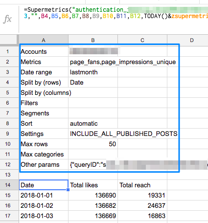 Spreadsheet displaying social media metrics, including likes and reach over specific dates.