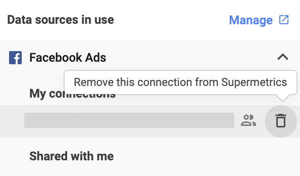 Manage connection with Supermetrics, including removal option and shared connections.