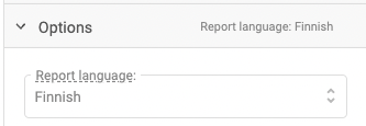 Options menu displaying report language selection in a dropdown format.