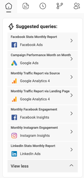 List of suggested queries for Facebook and Google analytics reports and engagement metrics.