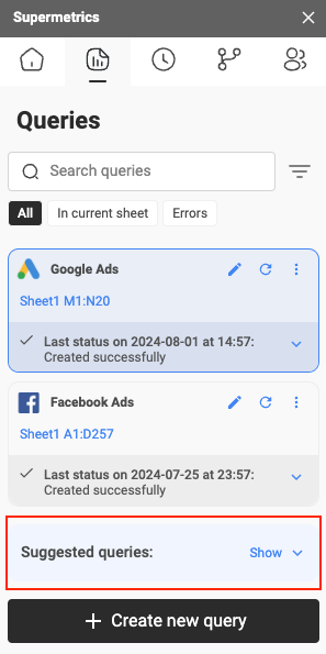 Supermetrics interface showing Google and Facebook Ads query statuses and suggested queries.