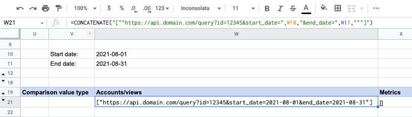 Spreadsheet showing date range and API query for account metrics comparison.