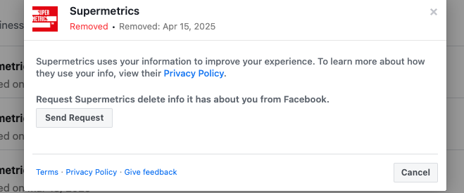Supermetrics privacy notice regarding data usage and deletion request from Facebook.