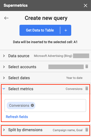 Creating a new query in Supermetrics, focusing on conversions and dimensions.