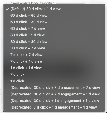 List of conversion date options for daily reporting in a dropdown menu.