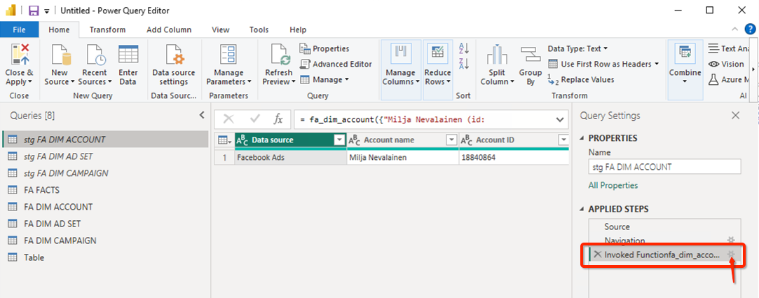 Power Query Editor displaying data source and invoked function for Facebook Ads.