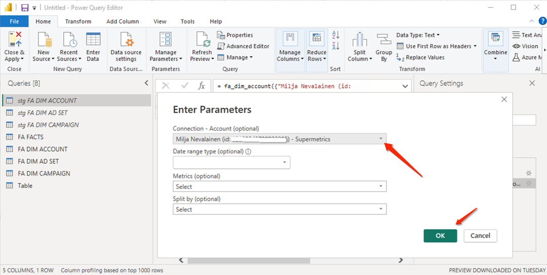 Entering parameters in Power Query Editor for data connection and metrics selection.
