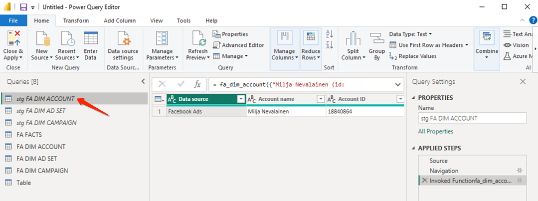 Power Query Editor displaying data source and account details for Facebook Ads.