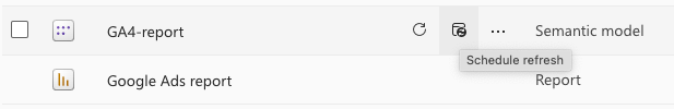 Options for GA4 report and Google Ads report with schedule refresh feature highlighted.