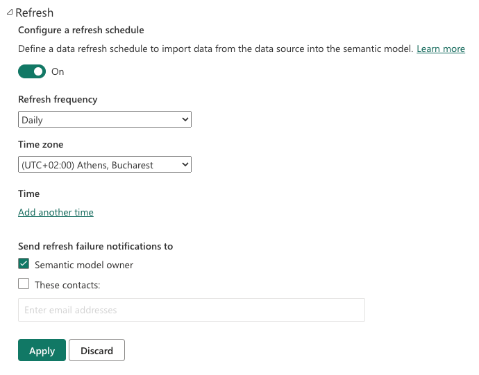 Settings for data refresh schedule including frequency and notification options.