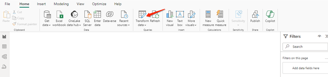 Power BI interface showing data transformation options and various menu selections.