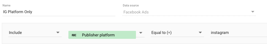 Settings for Facebook Ads including publisher platform and data source options.