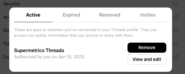 Active apps connected to Threads profile, including Supermetrics Threads authorization details.