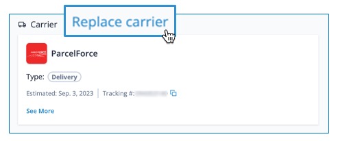 Image of Shipments screen with the cursor hovering over 'Replace Carrier', which is located above the carrier page section.