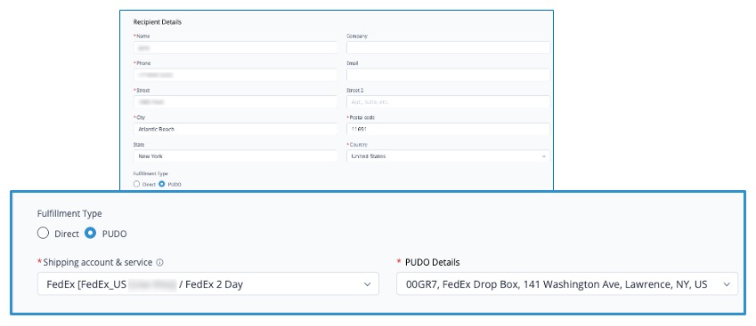 Text saying Fulfillment Type followed by radio buttons for Direct or PUDO shipping. Underneath are two dropdown lists. The one on the left says Shipping accounts & serviec and the one on the right says PUDO details.