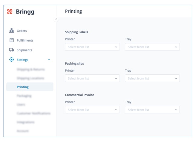 Printer settings, with sections for shipping labels, packing slips, and commercial invoices. Each document type has a dropdown list for users to select a printer and tray.