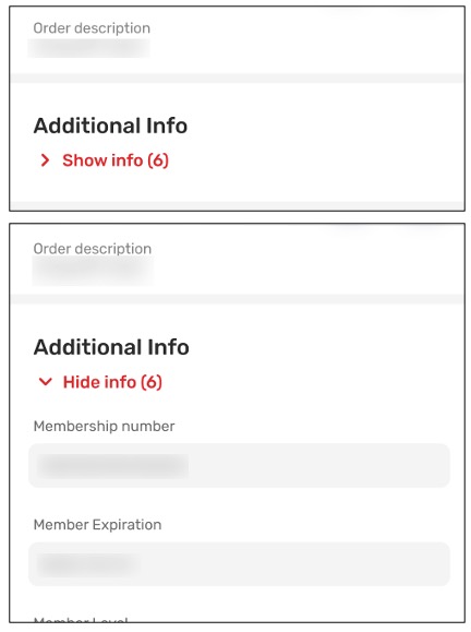 2 screenshots of the Driver App, the first showing a collapsed toggle next to Show Info, and the second showing an expanded toggle next to Hide Info. Each also displays the number of fields hidden under the toggle.