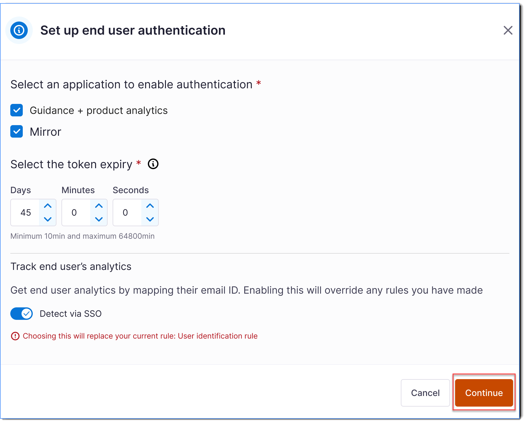 Click confirm after enabling end user authentication