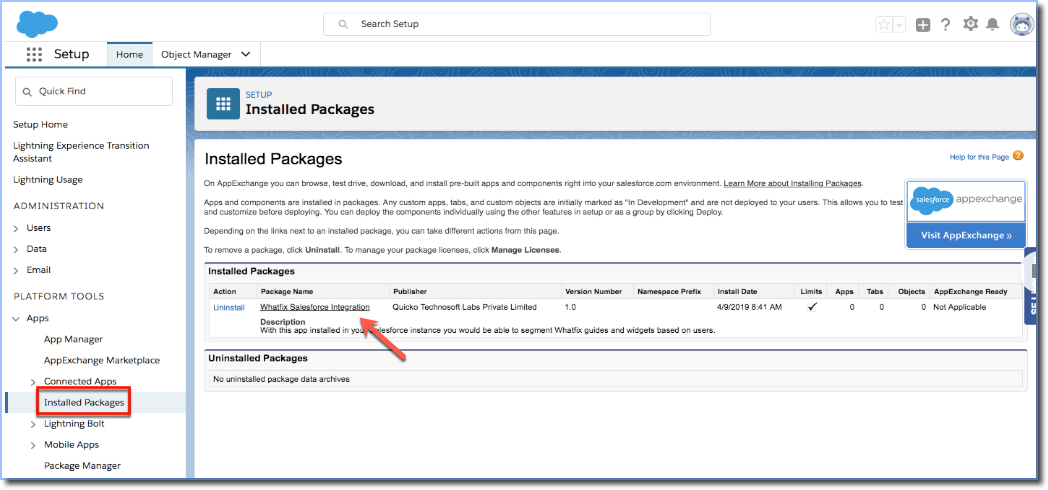 Salesforce_Installed%20Packages_WahtfixIntegration.png