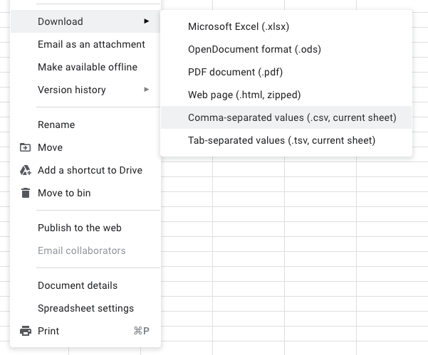 google sheet export CSV .png