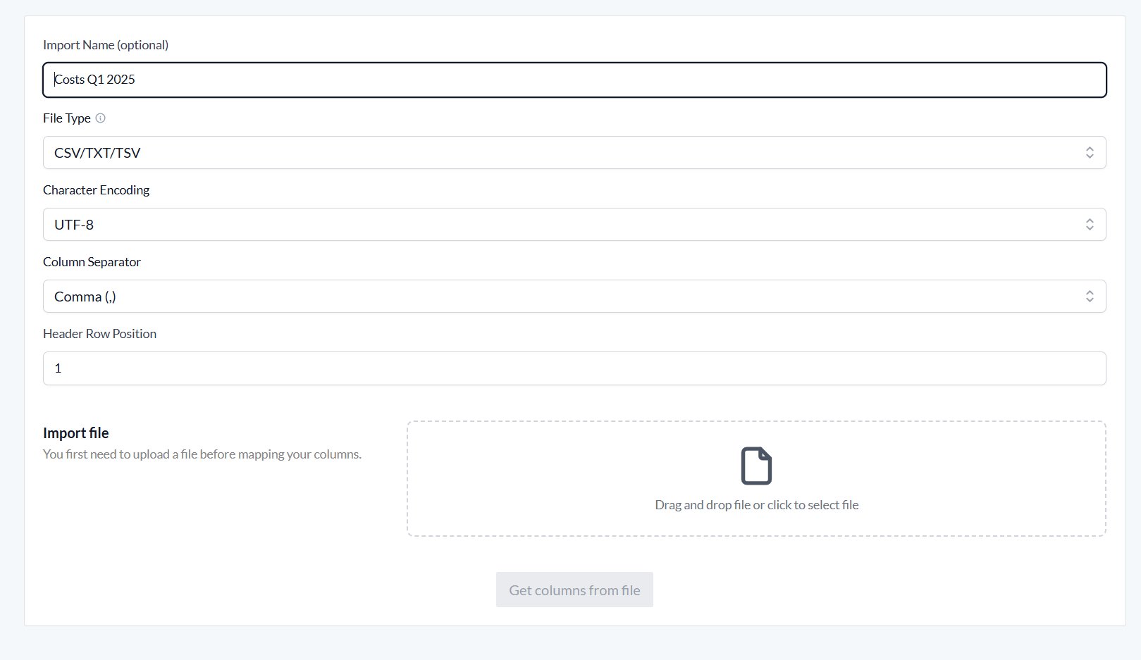 Bulk costs .csv file type