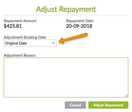 Adjust Repayment screen with Adjustment booking date dropdown