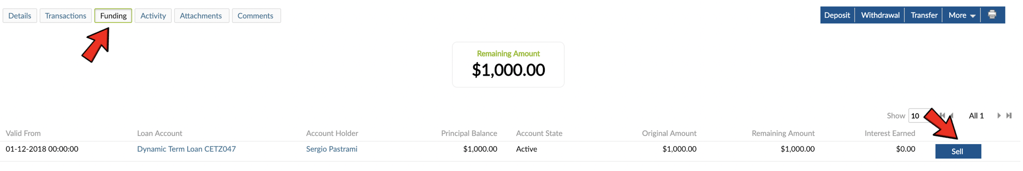 Selling a Loan Fraction Share from Sell button.