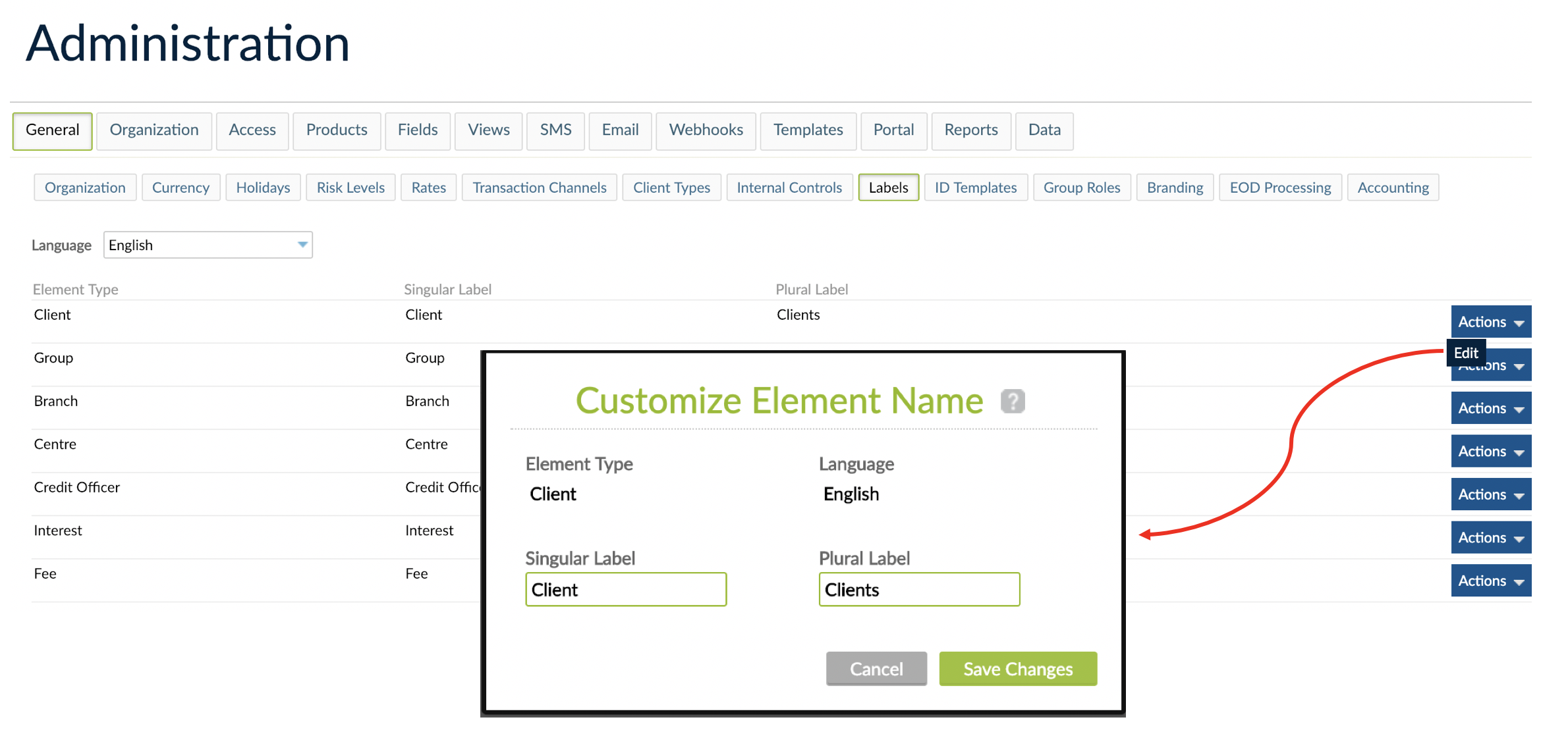 Labels view, where all defined labels are displayed. By clicking Actions button and Edit, the labels can be customized.