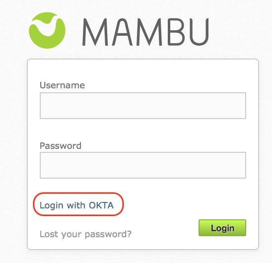 Mambu login screen with "Login with OKTA" link visible