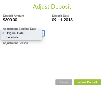 Adjust deposit window with original date and Backdate options displayed