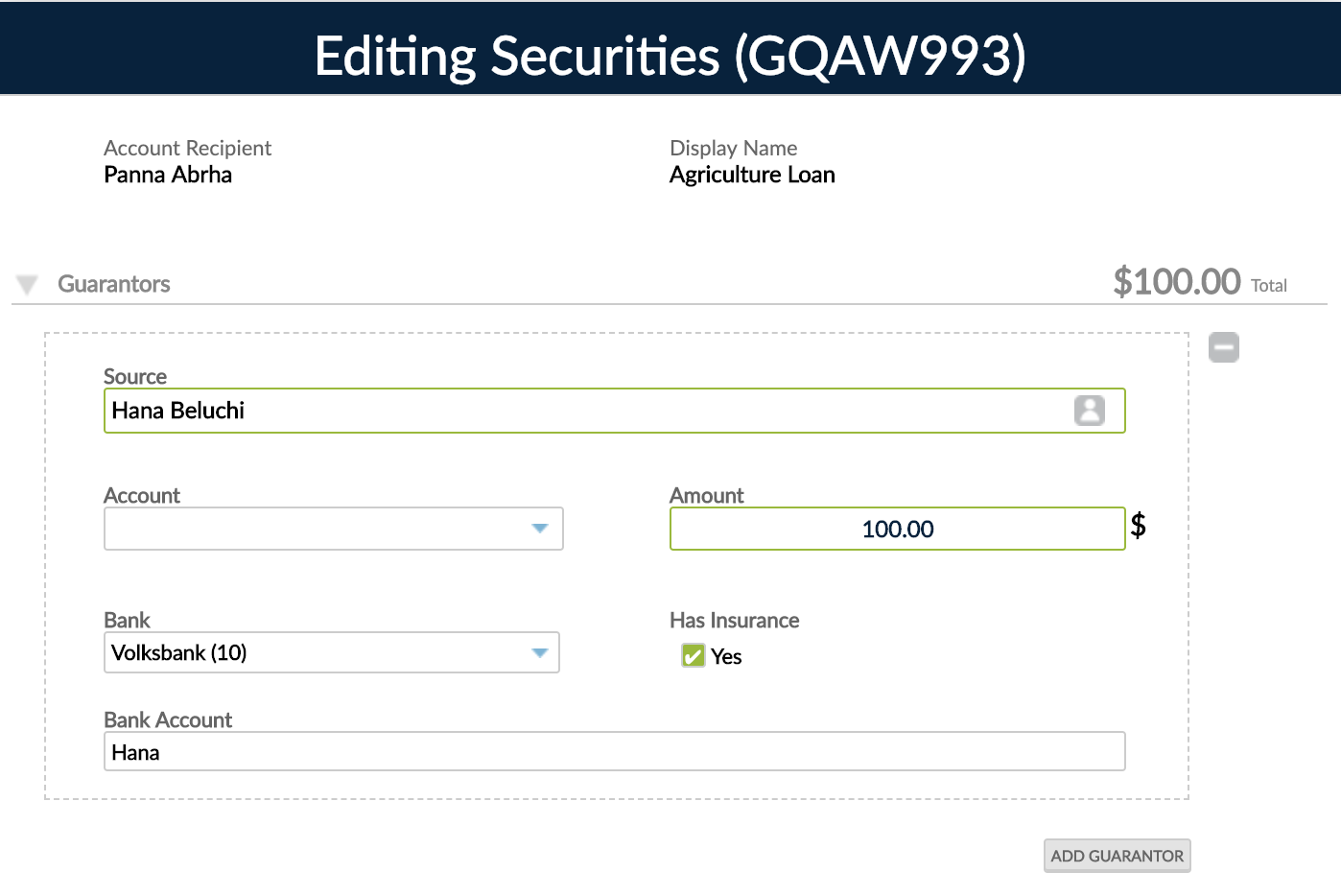 Editing Securities adding Guarantor with mandatory fields Source and Amount.