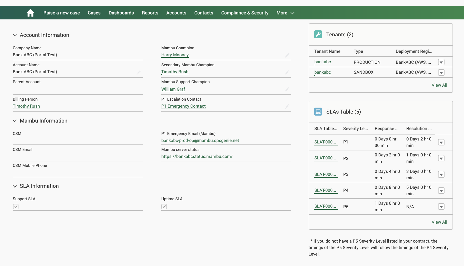 Account overview page with Account Information, Mambu Information, SLA Information, Tenants, and SLAs Table sections.