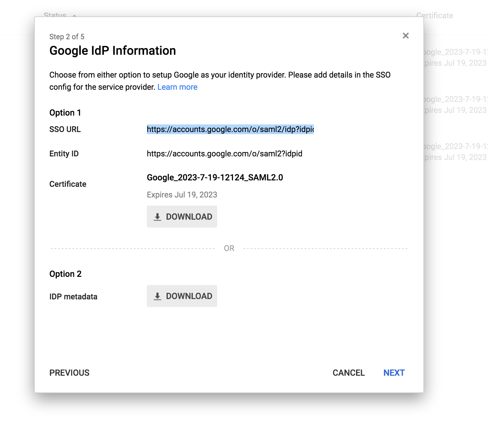 Step 2 of 5 - Google IdP information