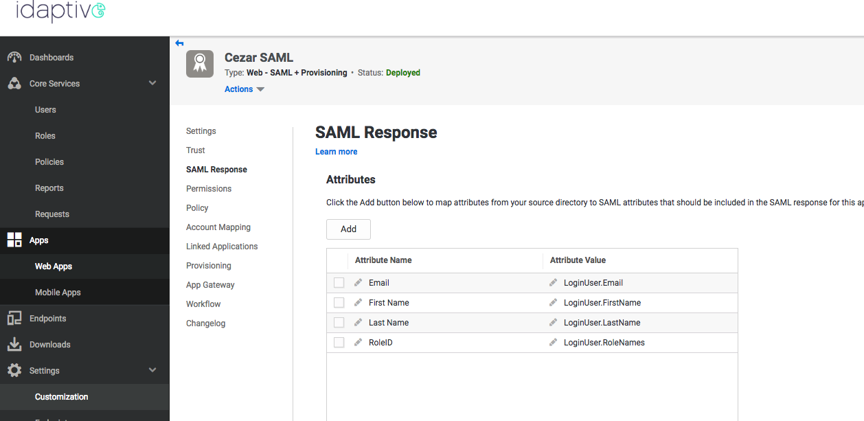 SAML Response settings screen