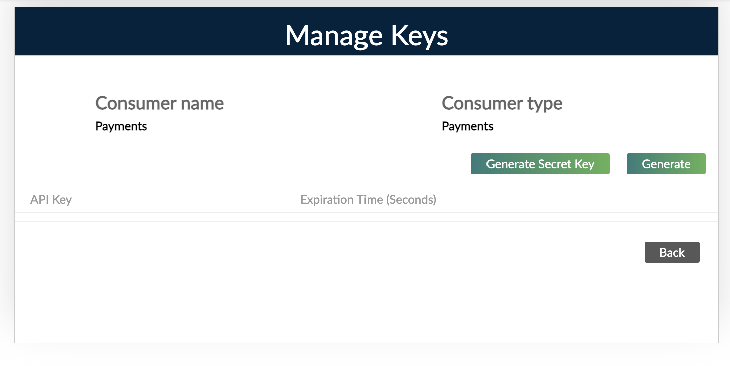 Manage Keys dialog when making your first API key