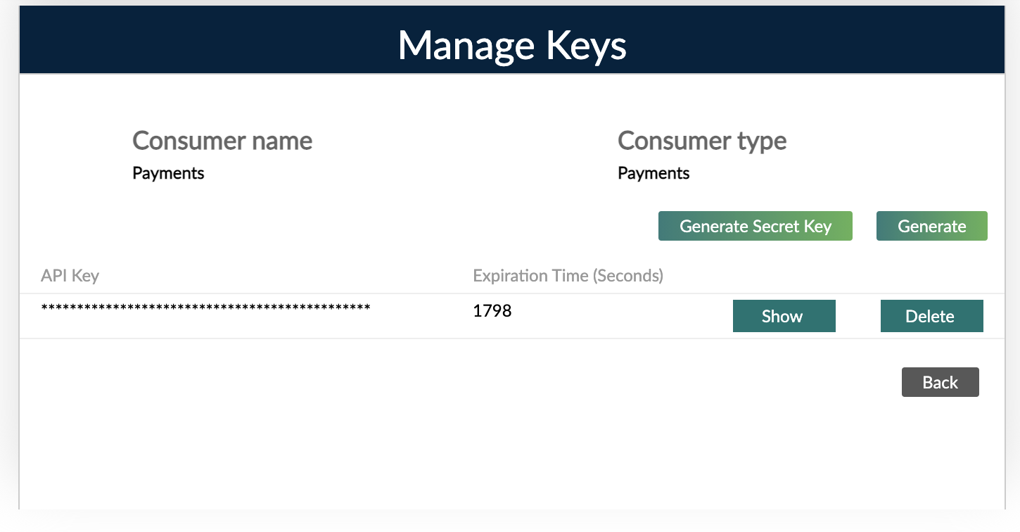 Manage Keys dialog with an API key which you can show or delete