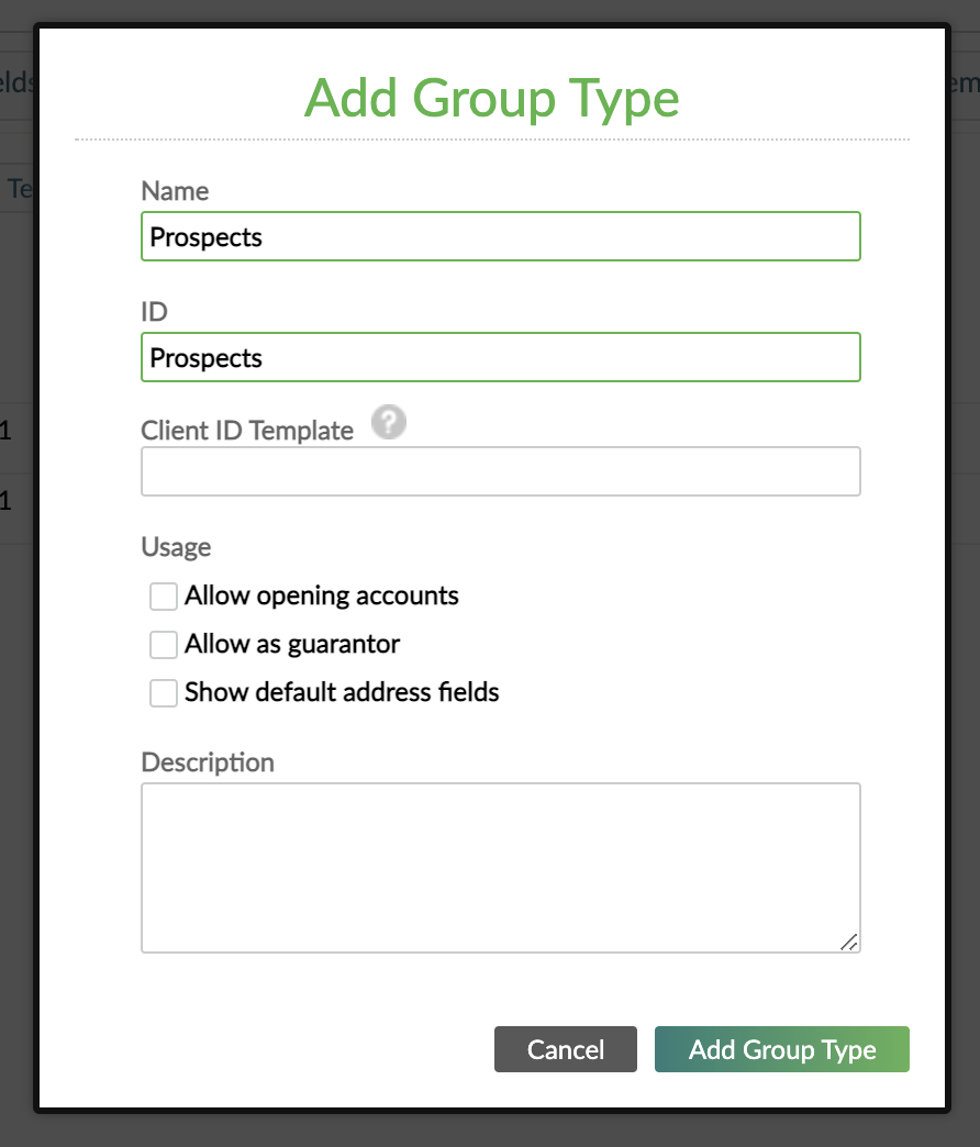 Add Group Type dialog creating Prospects group type