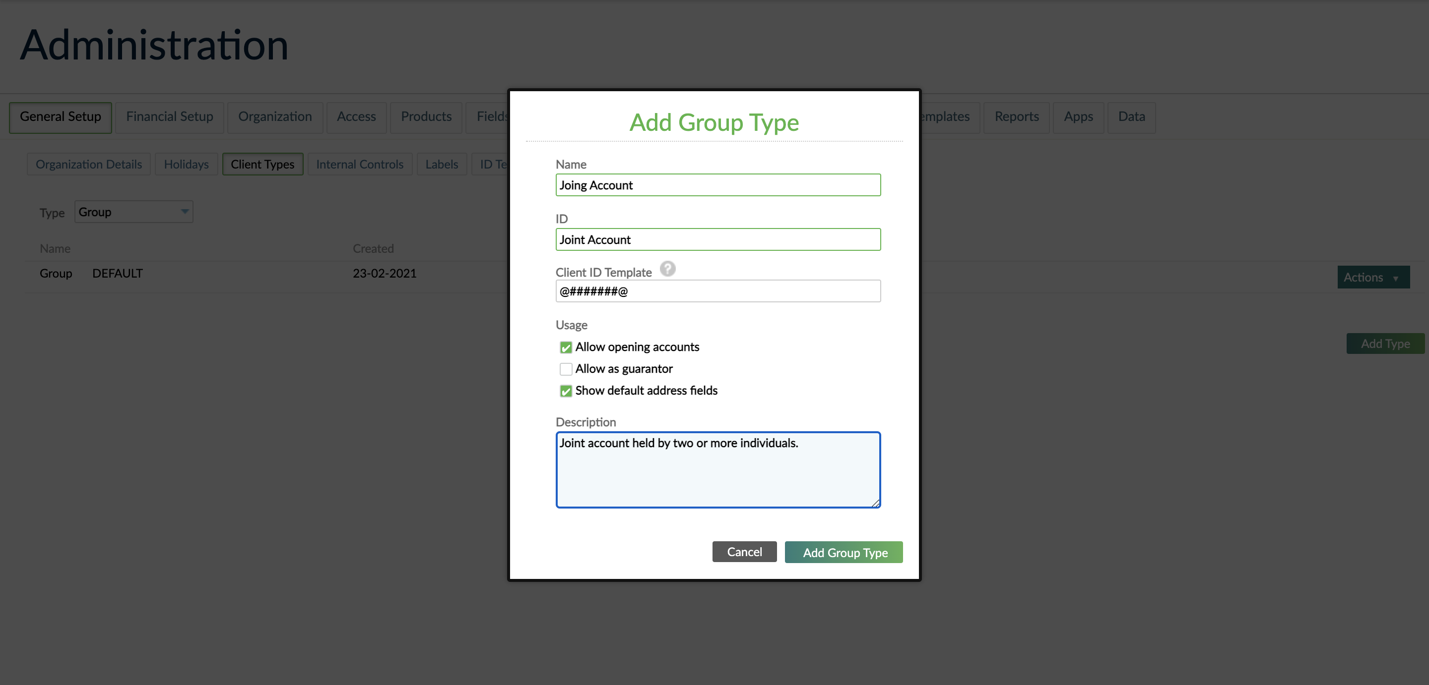 Add Group Type dialog creating Joint Account group type