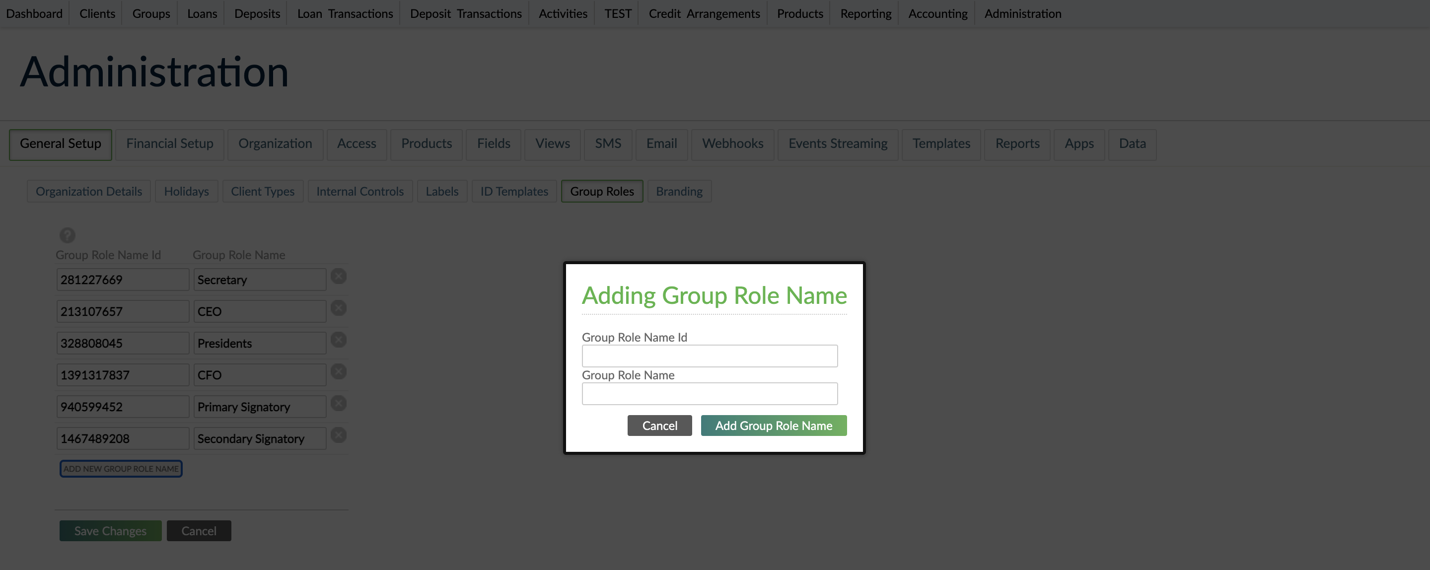 Adding Group Role Name dialog