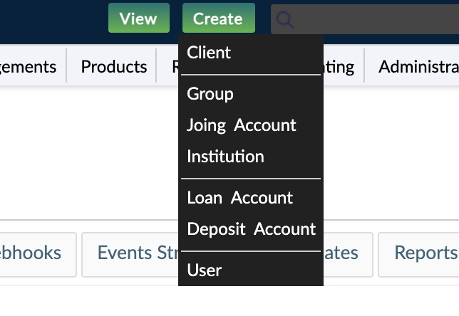 The create menu with group types displayed