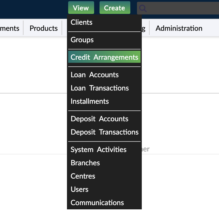 Credit arrangement option in view menu from top bar