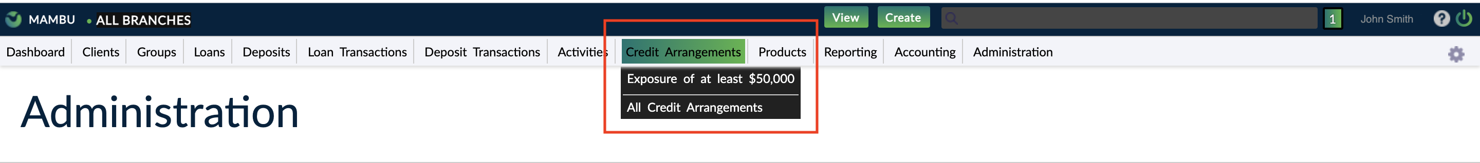 Credit arrangements menu item in navigation bar with a saved custom view