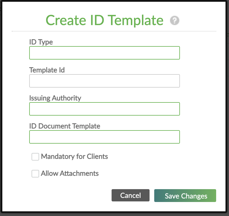 Creating ID Template dialog with required and optional fields.