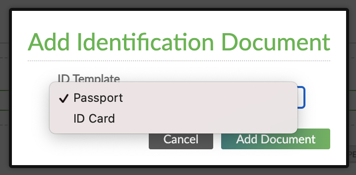 Add Identification Document dialog with ID Template dropdown