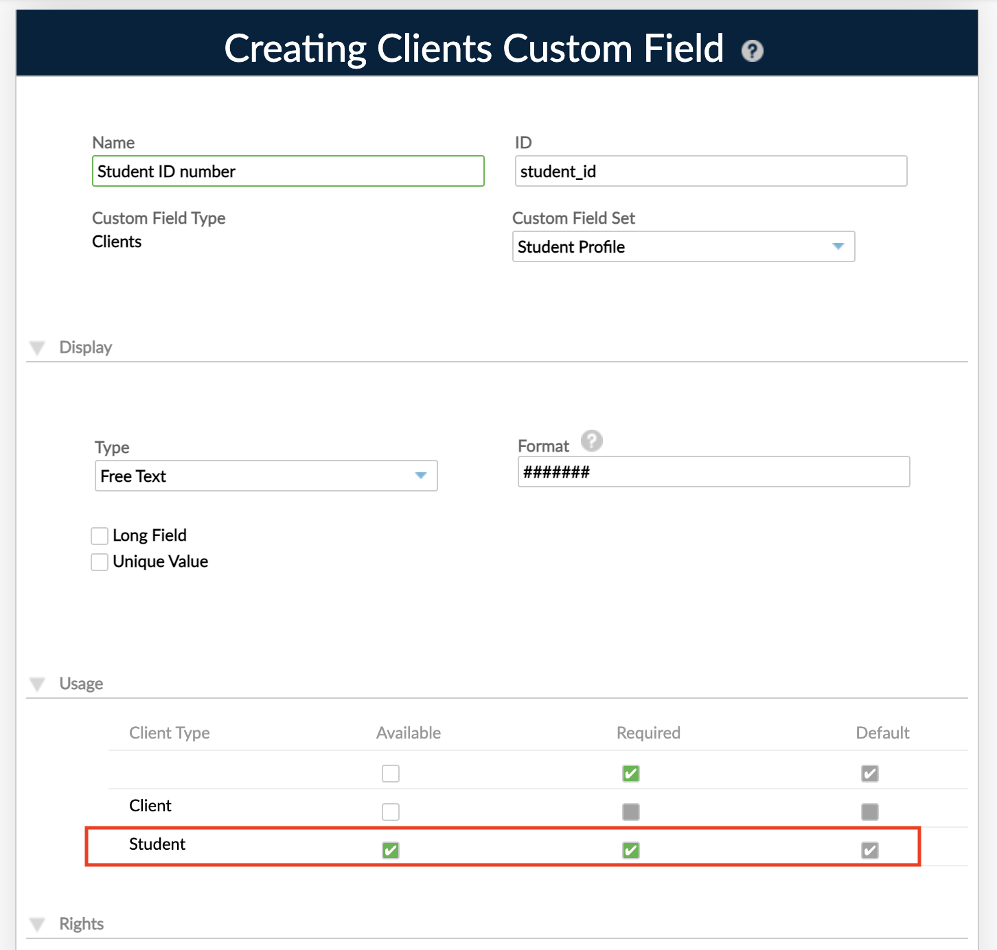 Creating Client Custom Field Dialog