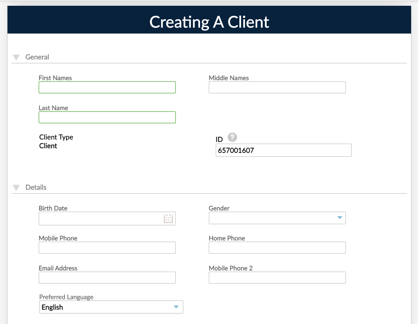 General and Details section in client creation form