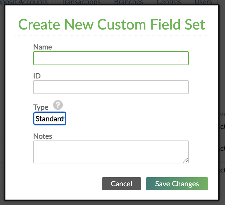 Create New Custom Field Set dialog