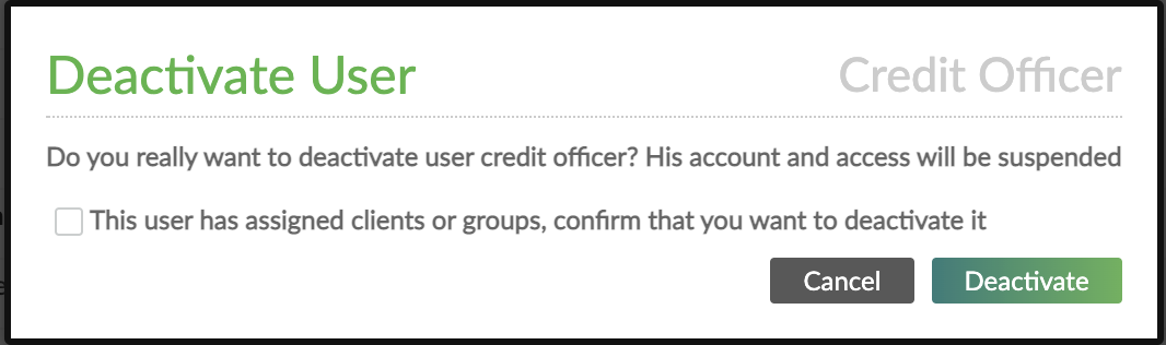 Deactivate User dialog for a credit officer with clients or groups assigned