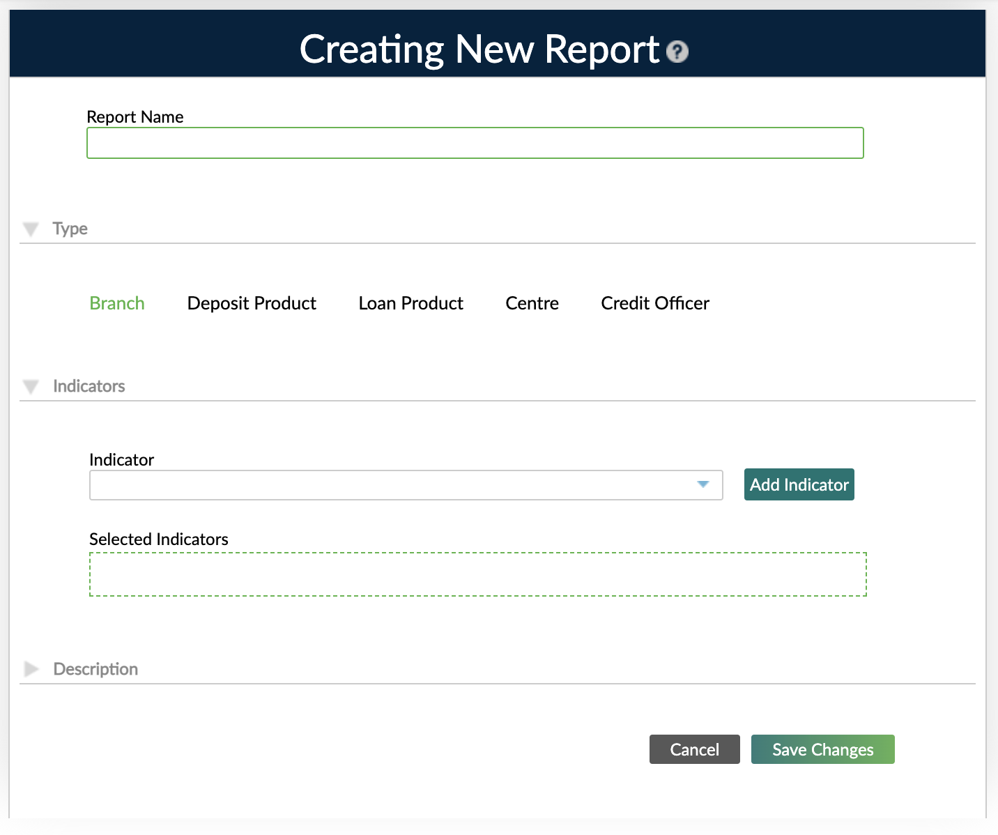 Create New Report dialog for indicator report