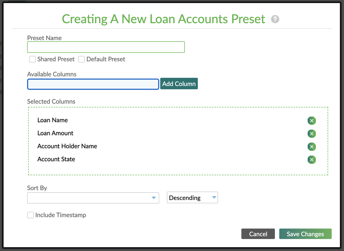 Example of a creating column preset dialog for the creating a new loan account page.